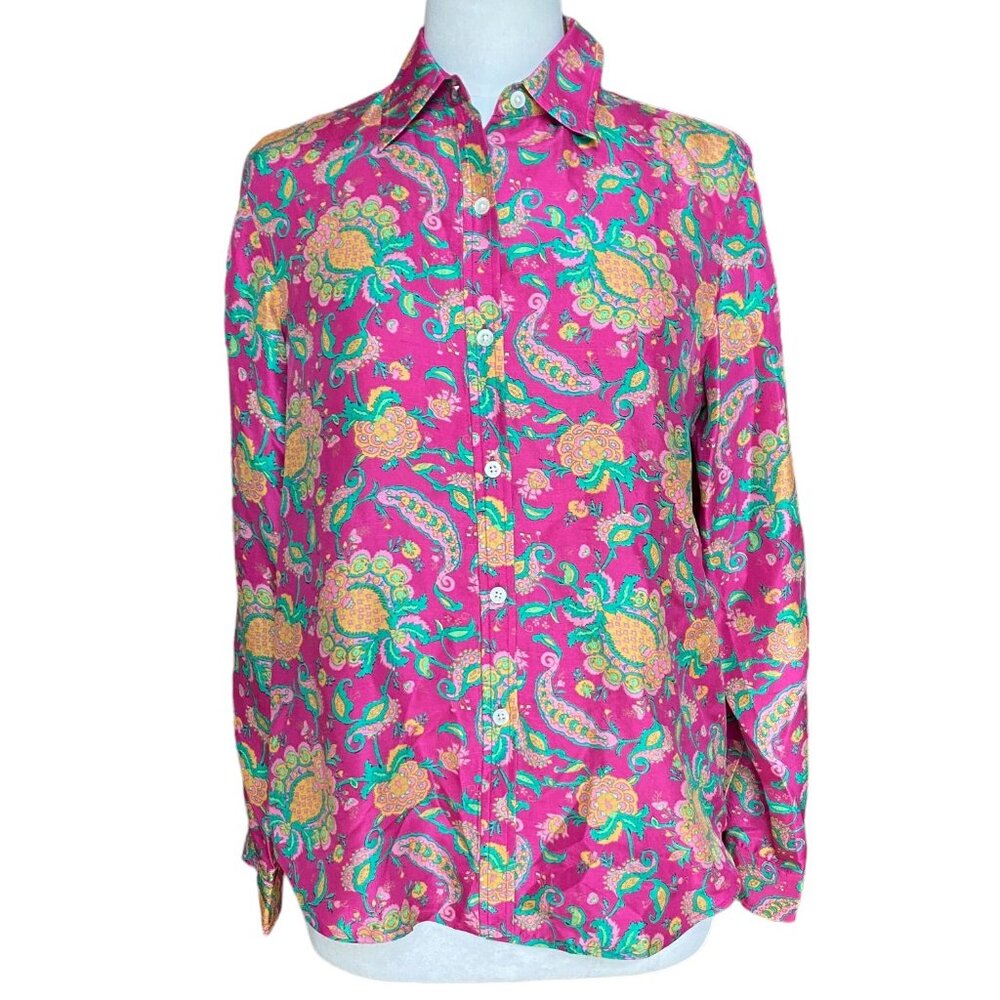 Lauren Ralph Lauren 100% Silk Paisley Button Down Shirt Pink Preppy Quiet Luxury